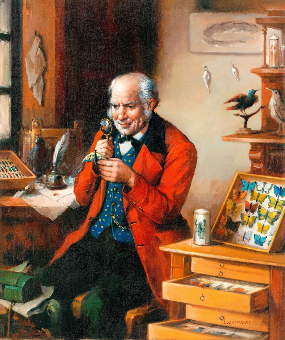 L V Strauss (German,20C) oil painting: ARTIST: L V Strauss (Germany, 20 century) TITLE: Insect Collector MEDIUM: oil on canvas CONDITION: Unstretched (In-House stretching available) (In-House stretching available