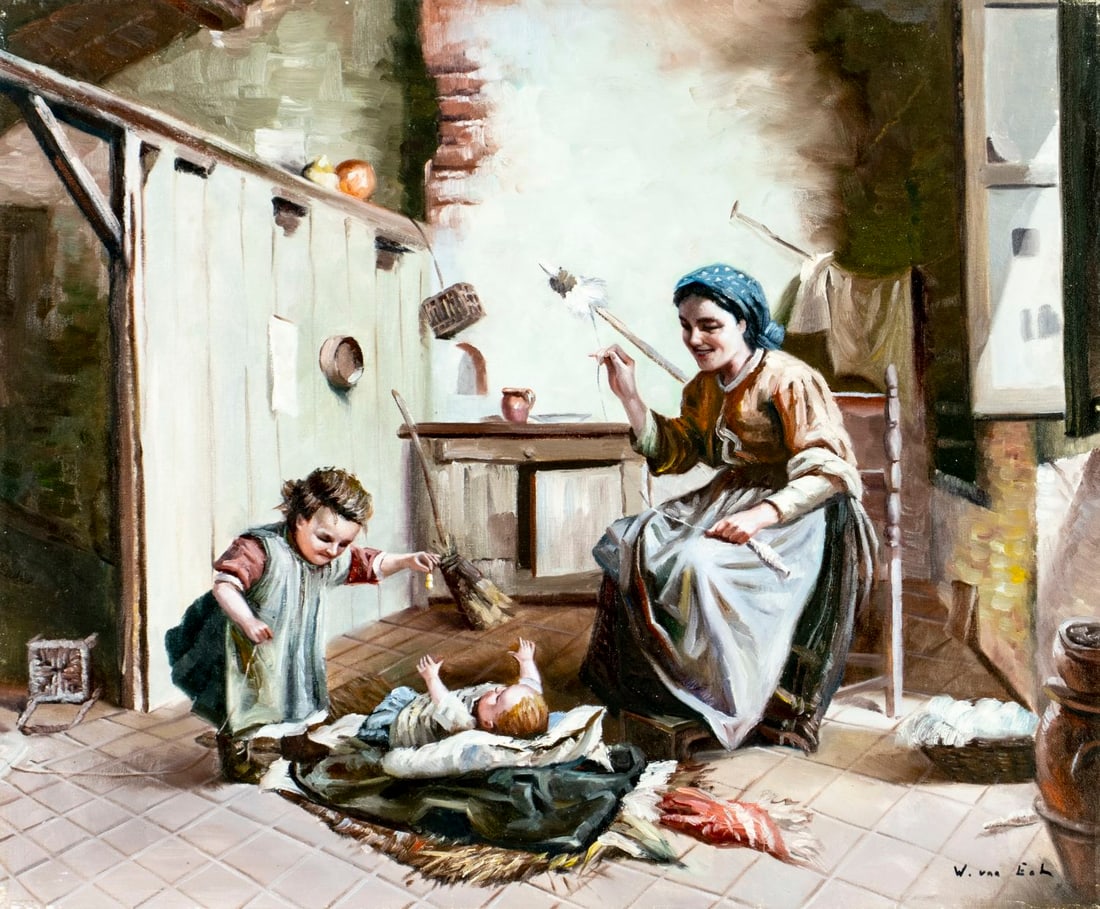 W van Eoh (Europe,20C) oil painting: ARTIST: W van Eoh (European, 20 century) TITLE: Mother and Children MEDIUM: oil on canvas CONDITION: Overall good. No visible inpaint under UV light. Normal wear along edges