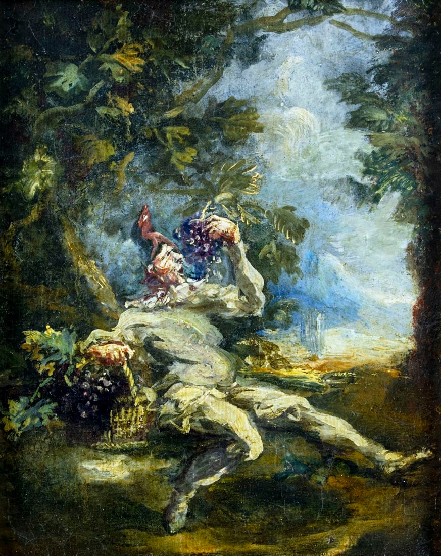 Antique 19C European oil painting: ARTIST: - (Europe, 19 century) TITLE: Man Eating Grapes MEDIUM: oil on canvas. Canvas applied to board CONDITION: Minor paint losses. Some craquelure. Some scattered inpai