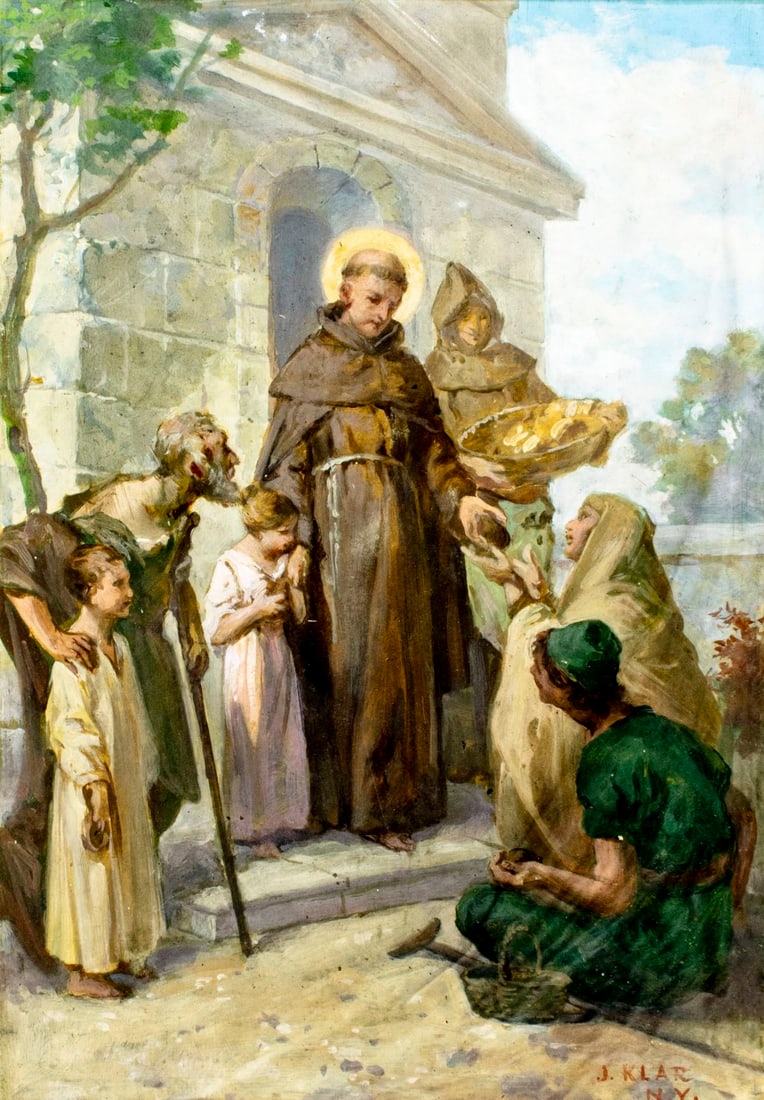 J Klar (US,early 20C) gouache painting antique: ARTIST: J Klar (American, early 20 century) TITLE: Saint Francis Giving Alms MEDIUM: gouache on paper CONDITION: Some crumpling mostly in the lower right quadrant. Few minor