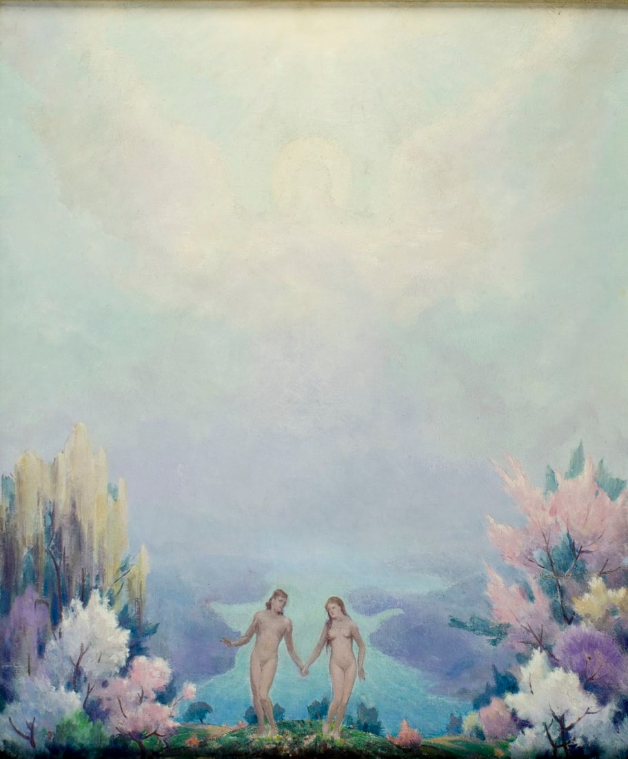 Carl Brandien (NY,1886-1965) oil painting: ARTIST: Carl William Brandien (New York, 1886 - 1965) TITLE: Adam and Eve MEDIUM: oil on board CONDITION: Few very minor paint losses along edges. Few scattered minor inpant