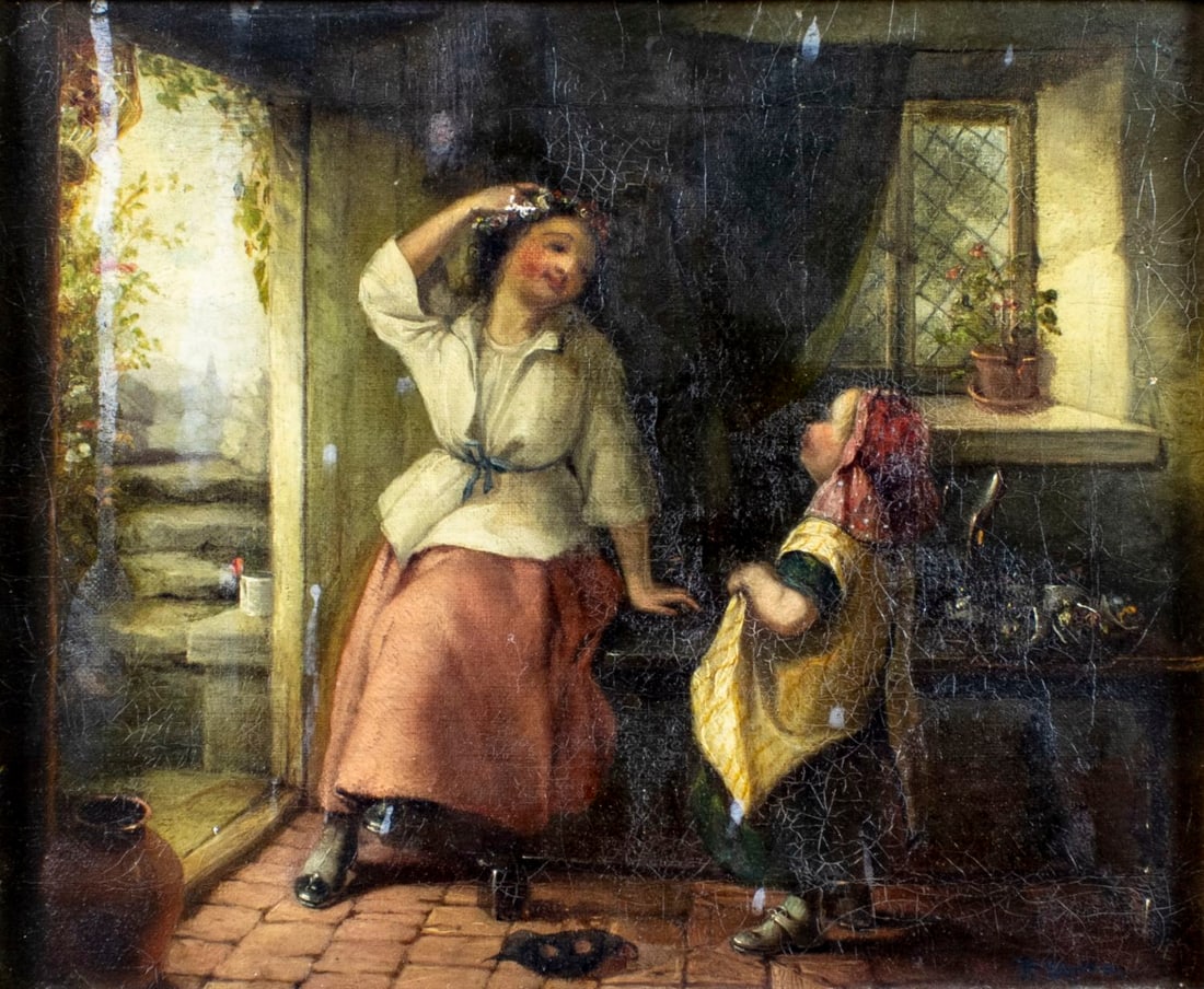 Antique 19C British oil painting signed: ARTIST: - (United Kingdom, 19 century) TITLE: Mother and Daughter MEDIUM: oil on canvas CONDITION: One small patch. Few small paint losses. Some craquelure. Some scattered