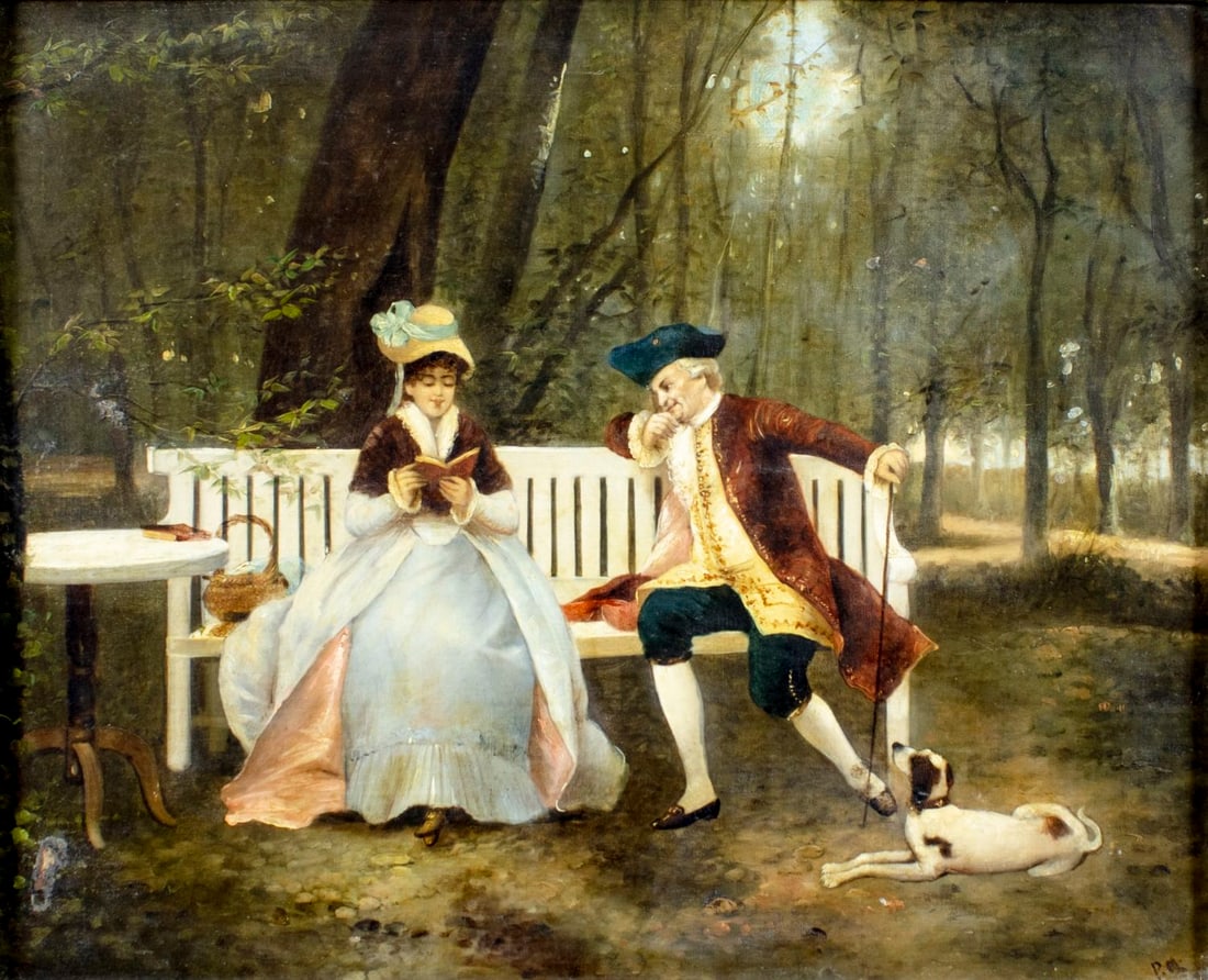 Antique early 20C European oil painting: ARTIST: - (Europe, early 20 century) TITLE: Courting Couple on the Bench MEDIUM: oil on board CONDITION: Some flaking/paint losses. Some craquelure. No visible inpaint un