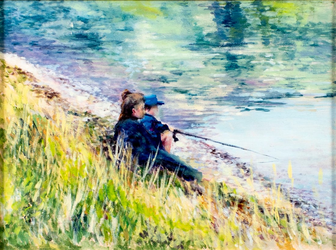 Kaethe Hoeltzell (NY,FL,German,1925-2013) oil painting: ARTIST: Kaethe Hoeltzell (New York, Florida, Germany, 1925 - 2013) TITLE: Boys Fishing MEDIUM: oil on canvas CONDITION: Overall good. No visible inpaint under UV light. Mi
