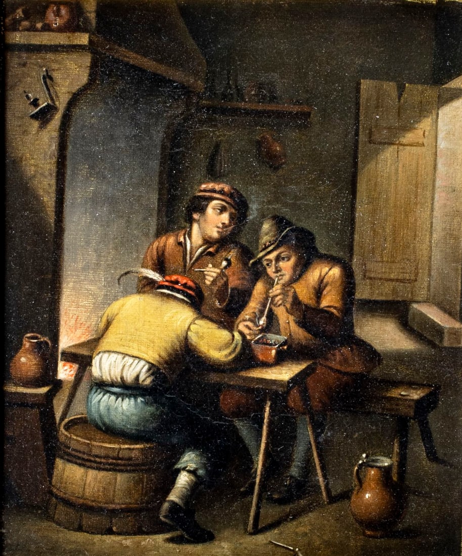 Antique early 20C European oil painting: ARTIST: - (Europe, early 20 century) TITLE: Tavern Scene MEDIUM: oil on canvas CONDITION: Few minor paint losses. Some craquelure. No visible inpaint under UV light. Somes