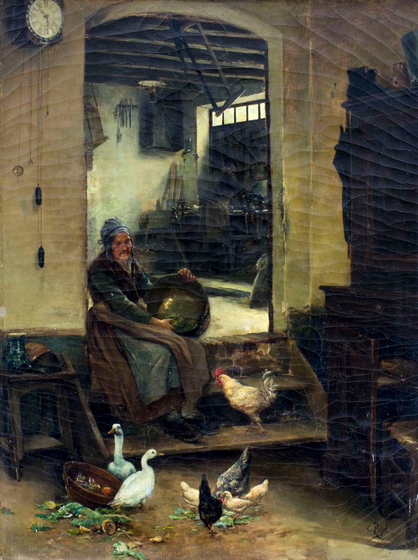 Clement Pujol Guastavino (Spain,France,1850-1905) oil painting antique: ARTIST: Clemente Pujol de Gustavino (Spanish, French, 1850 - 1905) NAME: Old Woman Feeding Chickens and Ducks MEDIUM: oil on canvas CONDITION: Craquelure. Two small inpaintings 1cm x 1cm. No