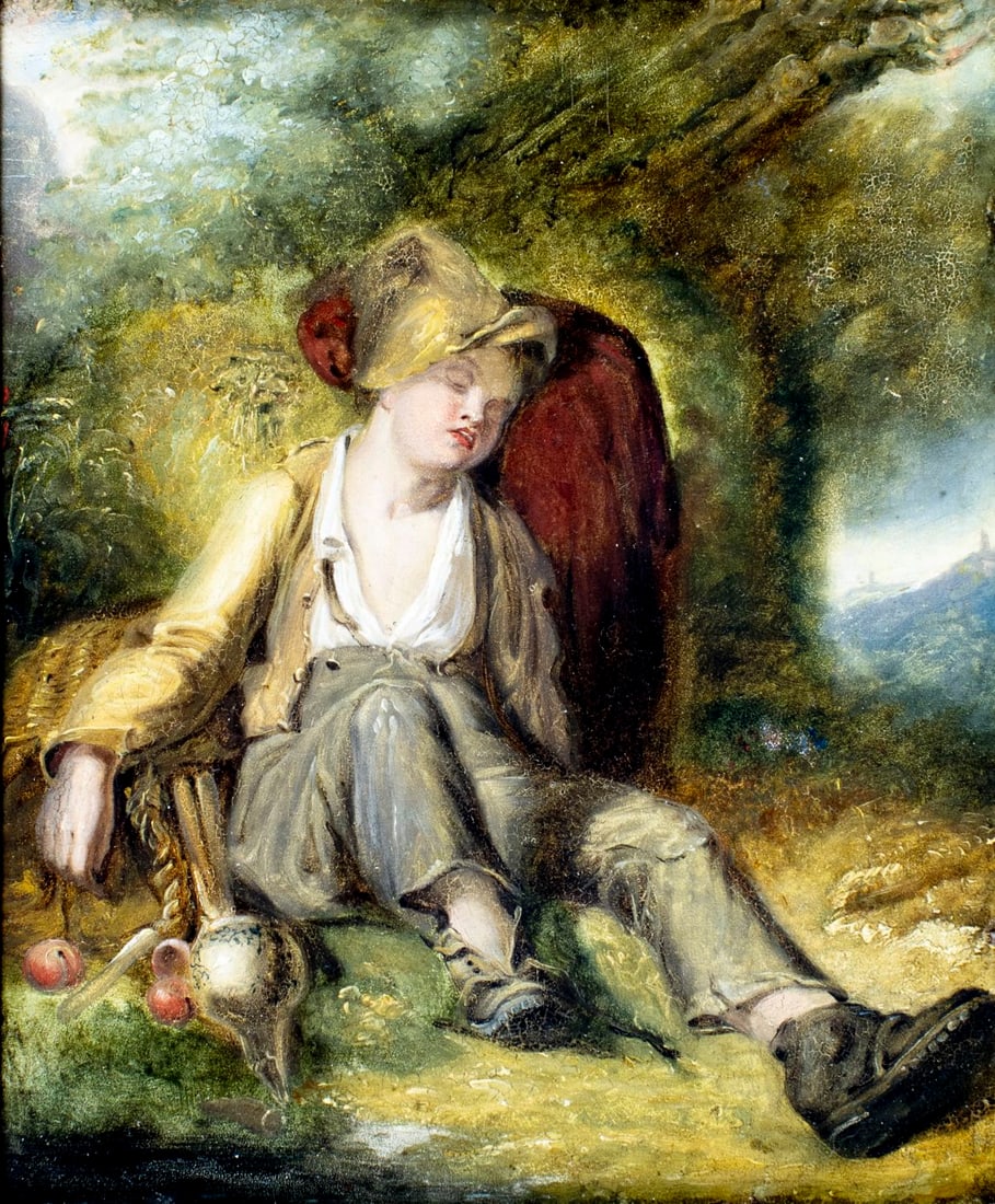 Antique early 20C British oil painting: ARTIST: - (United Kingdom, early 20 century) TITLE: Sleeping Boy MEDIUM: oil on board CONDITION: Minor damages to the lower edge. Few minor scratches/paint losses. Some cr