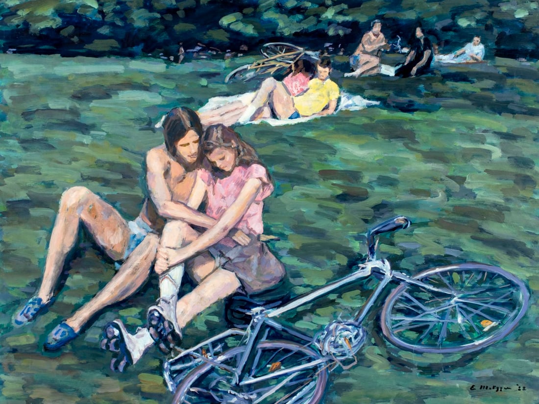 Evelyn Metzger (NY,Brazil,1911-2007) oil painting: ARTIST: Evelyn Borchard Metzger (New York, Brazilian, 1911 - 2007) TITLE: Central Park Scene, NY YEAR: 1982 MEDIUM: oil on board CONDITION: Some scratc