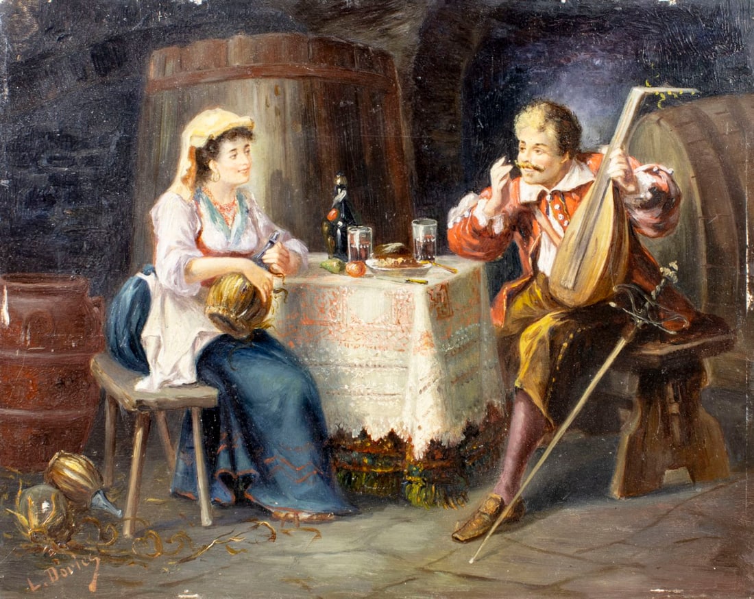 L Dories (Europe,19C) oil painting antique: ARTIST: L Dories (European, 19 century) TITLE: Courting Couple MEDIUM: oil on board CONDITION: Some paint losses mostly along edges. No visible inpaint under UV light.