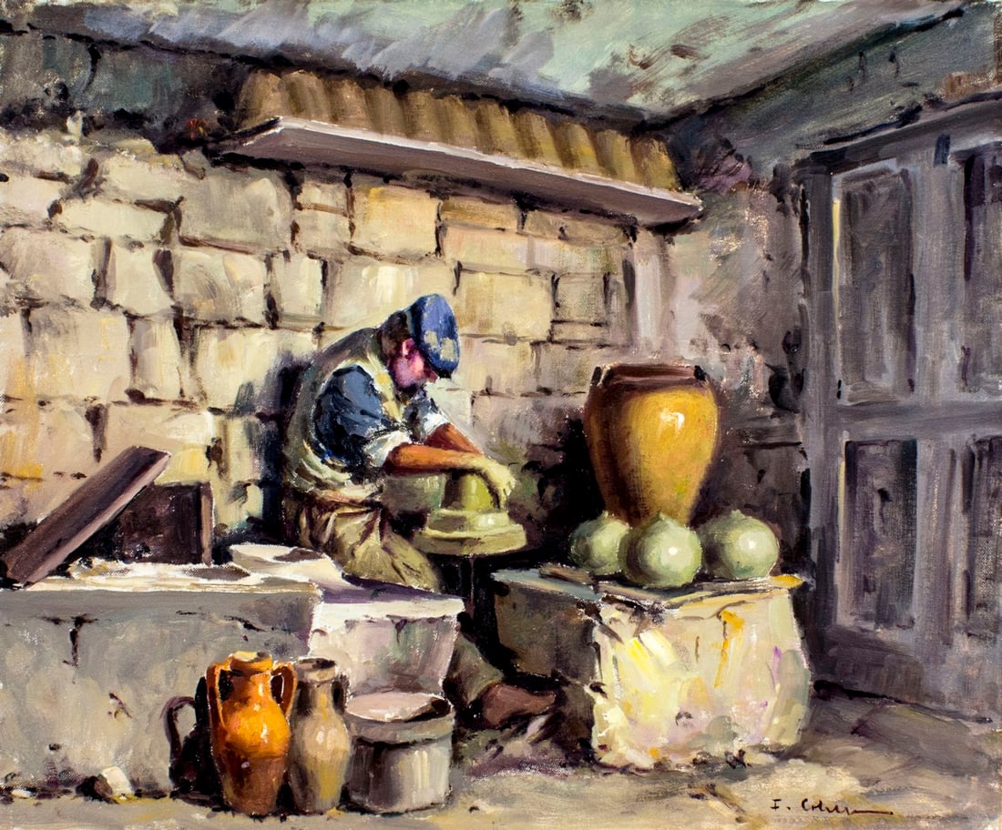 Franco Colella (Italy,US,1900-1981) oil painting: ARTIST: Franco Colella (Italian, American, 1900 - 1981) TITLE: Ceramic Studio MEDIUM: oil on canvas CONDITION: Very good. No visible inpaint under UV light. ART