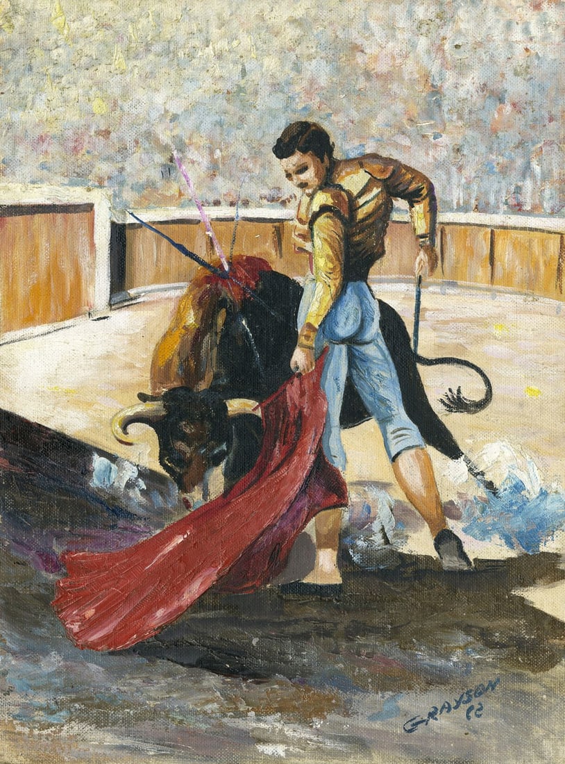 S Grayson (US,mid 20C) oil painting: ARTIST: S Grayson (United States, mid 20 century) TITLE: Matador and Bull YEAR: 1962 MEDIUM: oil on canvas board CONDITION: Minor damages to corners. Min