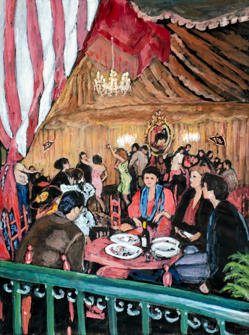 Evelyn Metzger (NY,Brazil,1911-2007) oil painting: ARTIST: Evelyn Borchard Metzger (New York, Brazilian, 1911 - 2007) TITLE: Restaurant Scene YEAR: 1999 MEDIUM: oil on board CONDITION: Some scratches/pa