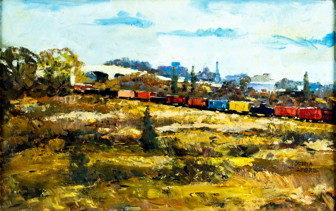 Joshua Tolford (MA,WI,1910-1985) oil painting: ARTIST: Joshua Tolford (Massachusetts, Wisconsin, 1910 - 1985) TITLE: Landscape - The Freight Train (titled on verso) MEDIUM: oil on board CONDITION: Overall good. No visi