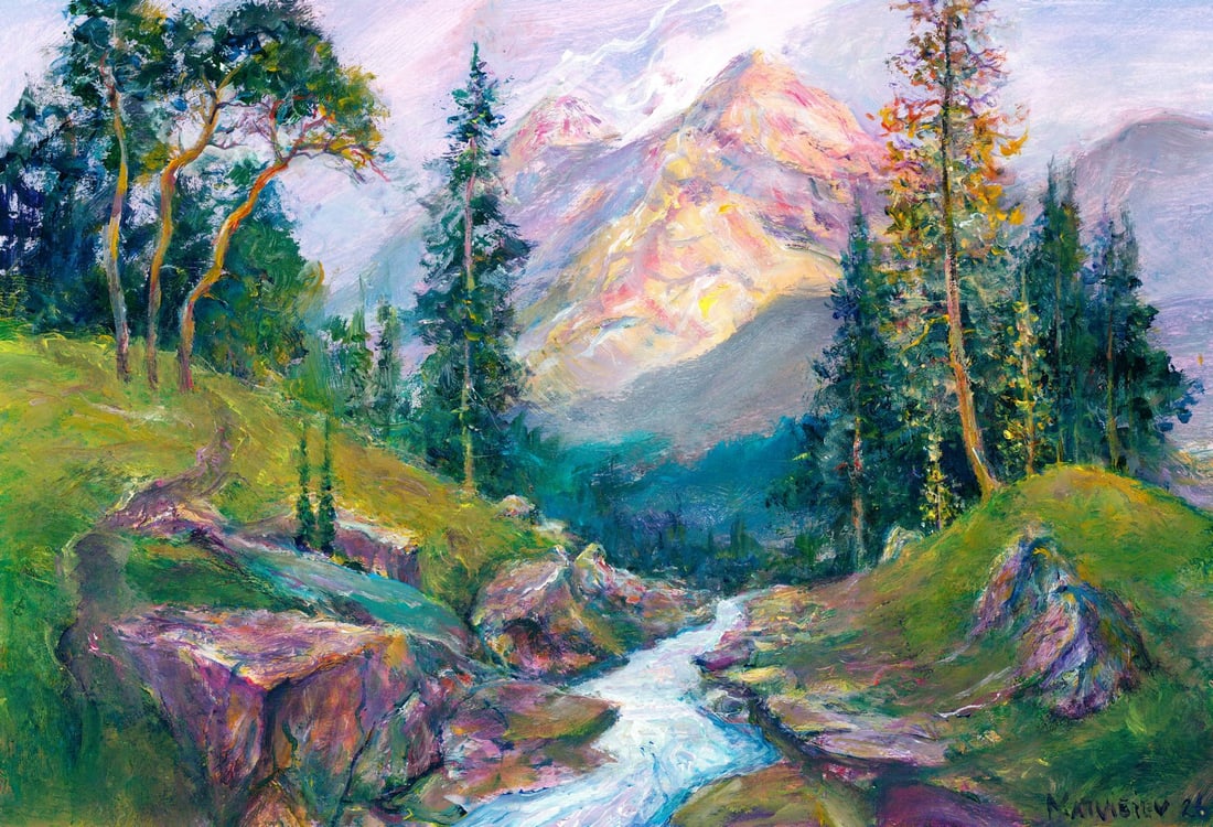 Andriy Matveiev (Ukraine,b 1988) oil painting: ARTIST: Andriy Matveiev (Ukraine, born 1988) TITLE: Mountain Stream Landscape MEDIUM: oil on heavy paper CONDITION: Very good. No visible inpaint under UV light.