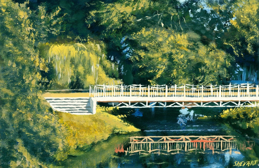 Grygoriy Shevchenko (Ukraine,20/21C) oil painting: ARTIST: Grygoriy Shevchenko (Ukraine, 20/21 centuries) TITLE: Garden Landscape with Bridge MEDIUM: oil on heavy paper CONDITION: Very good. No visible inpaint under UV light