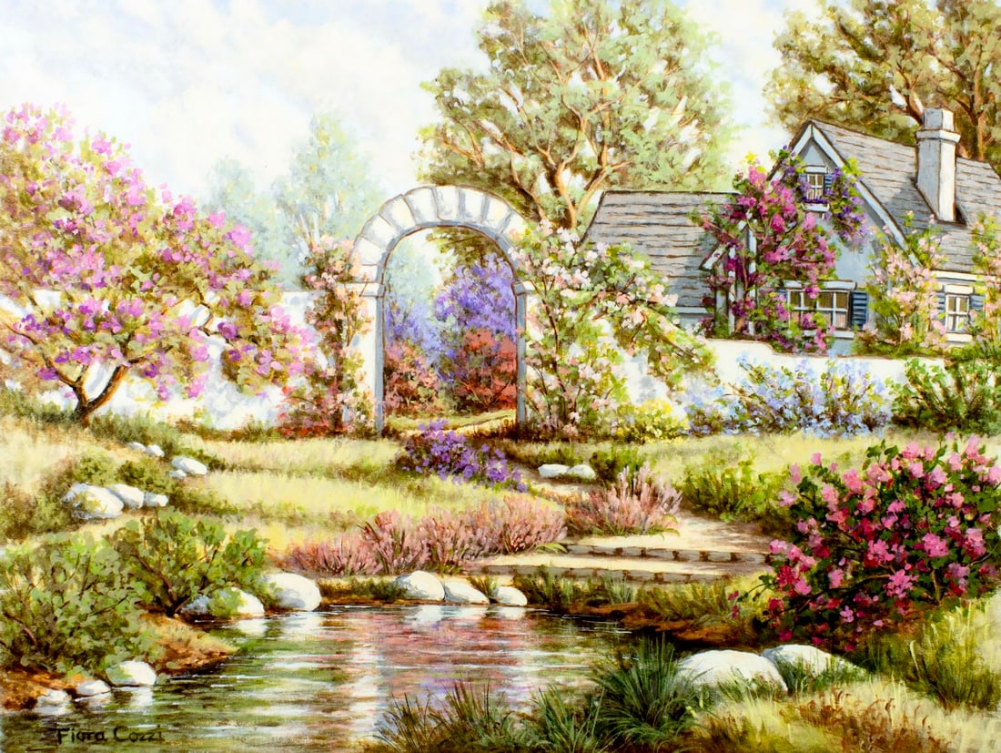 Fiora Cozzi (NY,1922-1992) oil painting: ARTIST: Fiora Cozzi (New York, 1922 - 1992) TITLE: Garden Landscape MEDIUM: oil on canvas CONDITION: Unstretched (In-House stretching available) (In-House stretching avail