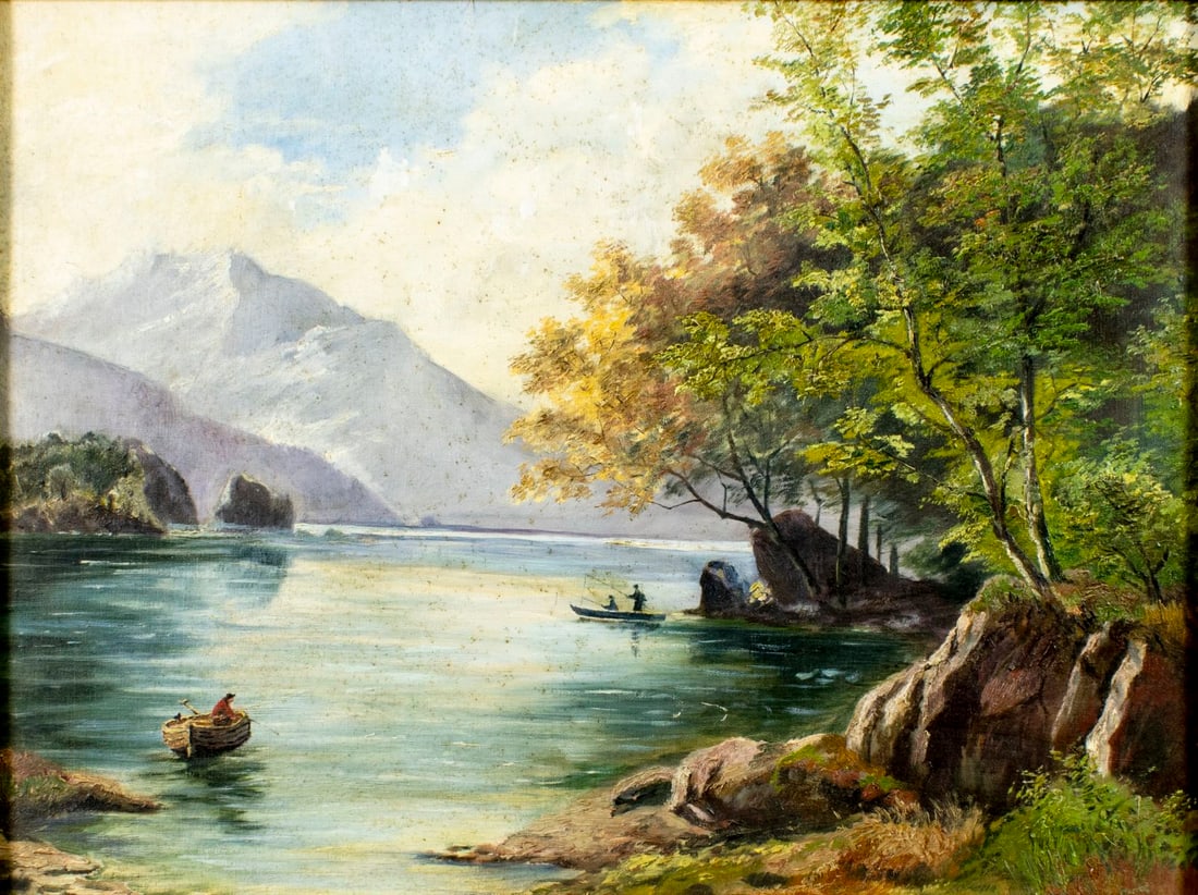 Antique early 20C American oil painting: ARTIST: - (American, early 20 century) TITLE: Mountain Lake Landscape with Fishermen MEDIUM: oil on canvas. Canvas applied to board. CONDITION: Few small scratches/paint l