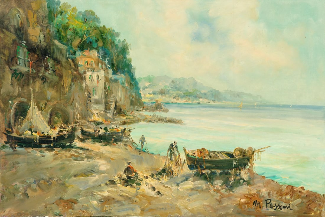 Mario Passoni (Italy,France,1929-?) oil painting: ARTIST: Mario Passoni (Italian, French, 1929 - ???) TITLE: Coastal Landscape with Fishing Boats MEDIUM: oil on canvas CONDITION: Unstretched (In-House stretching available