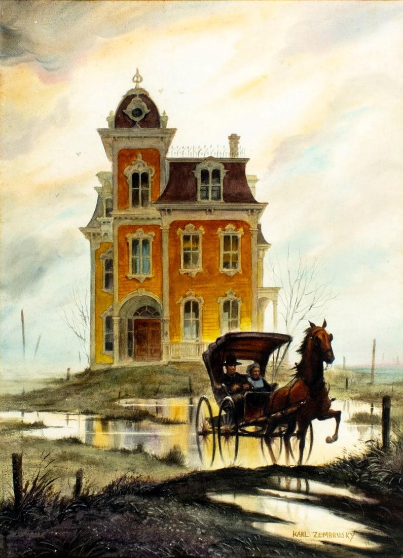 Karl Zembrusky (NY,20C) watercolor painting: ARTIST: Karl Zembrusky (New York, 20 century) TITLE: Landscape with Mansion and Horse Carriage MEDIUM: watercolor on paper CONDITION: Minor paint losses. Some foxing. Some a