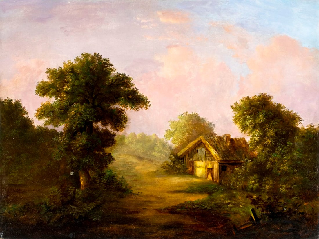 Antique 19C American oil painting: ARTIST: - (American, 19 century) TITLE: Sunset Landscape with House MEDIUM: oil on canvas CONDITION: One small patch. Few minor paint losses in the lower right quadrant. N