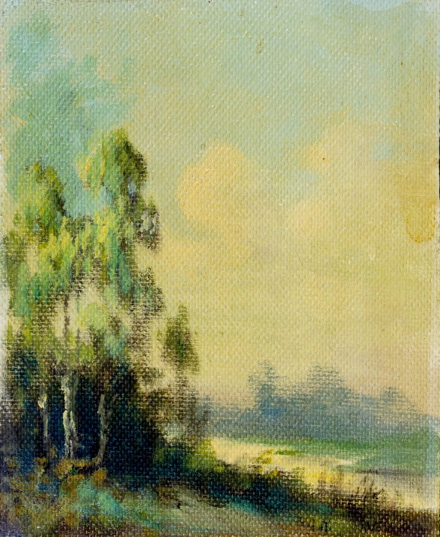 Vintage 20C American oil painting signed: ARTIST: - (American, 20 century) TITLE: River Landscape MEDIUM: oil on board CONDITION: Overall good. No visible inpaint under UV light. ART SIZE: 10 x