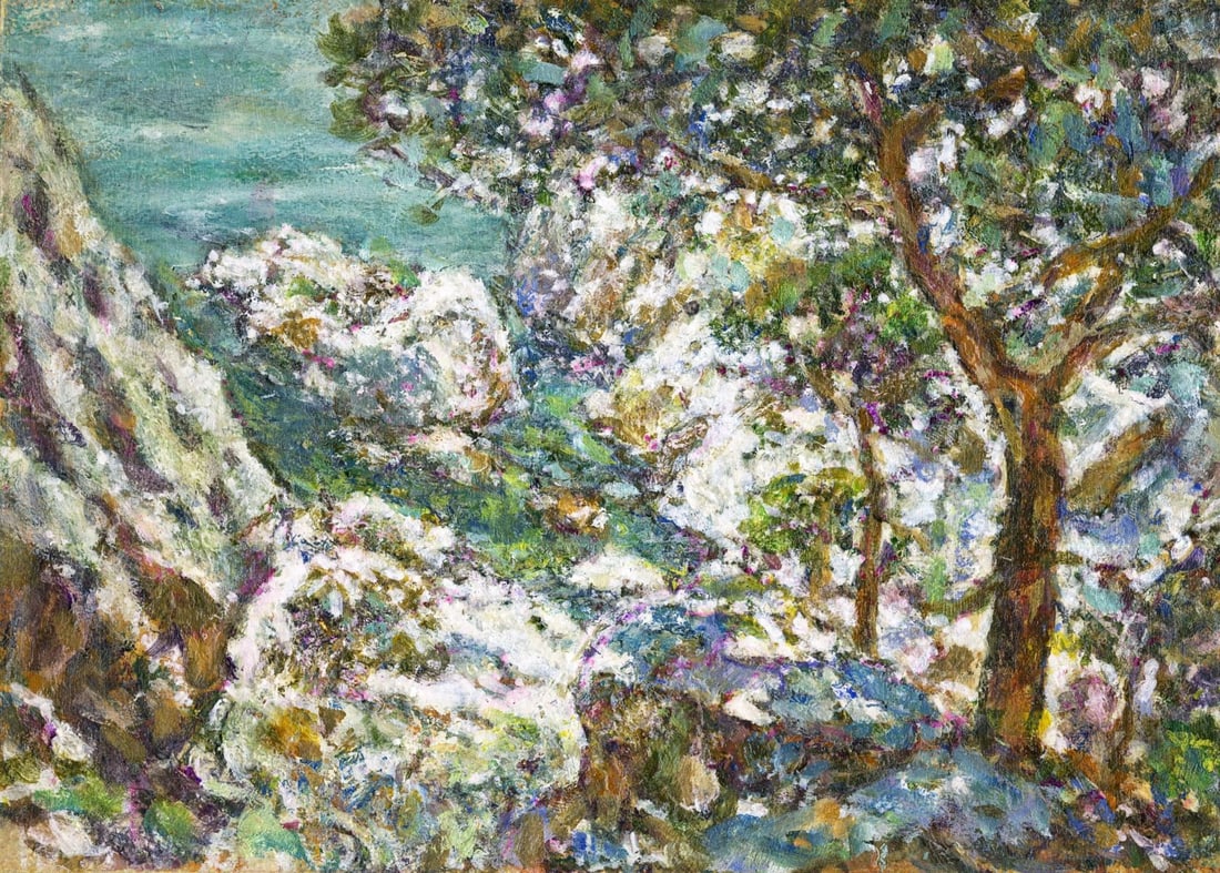 Vyacheslav Evsikov (Ukraine,b 1957) oil painting: ARTIST: Vyacheslav Sergeyevich Evsikov (Ukraine, born 1957) TITLE: Rocky Coastal Landscape MEDIUM: oil on board CONDITION: Very good. No visible inpaint under UV light. <