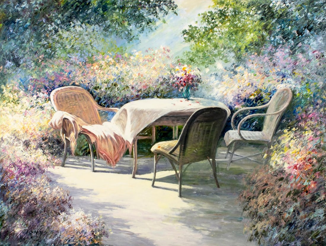 L Tony (20C) oil painting: ARTIST: L Tony (20 century) TITLE: Backyard Scene MEDIUM: oil on canvas CONDITION: Unstretched (In-House stretching available) (In-House stretching available). Missing a few
