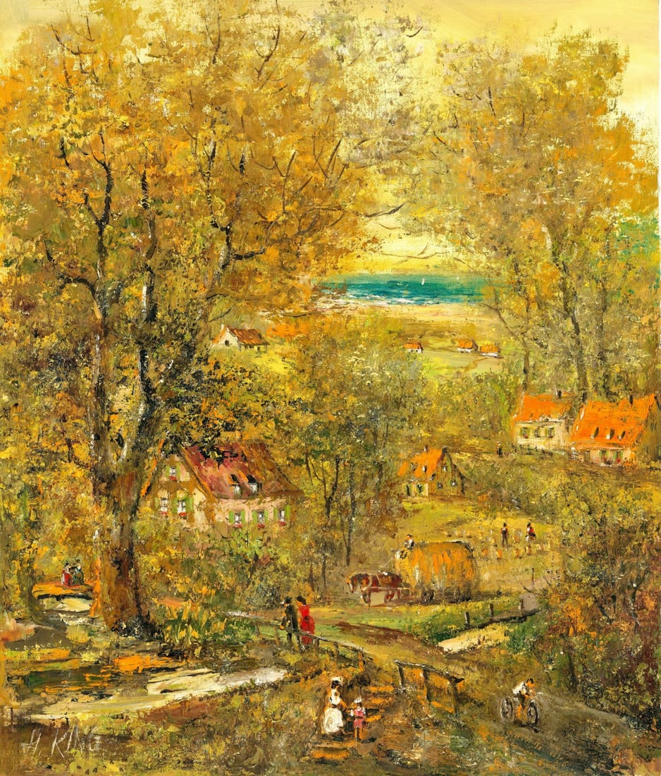 H King (Europe,20C) oil painting: ARTIST: H King (European, 20 century) TITLE: Autumn Village Landscape MEDIUM: oil on canvas CONDITION: Unstretched (In-House stretching available) (In-House stretching avail