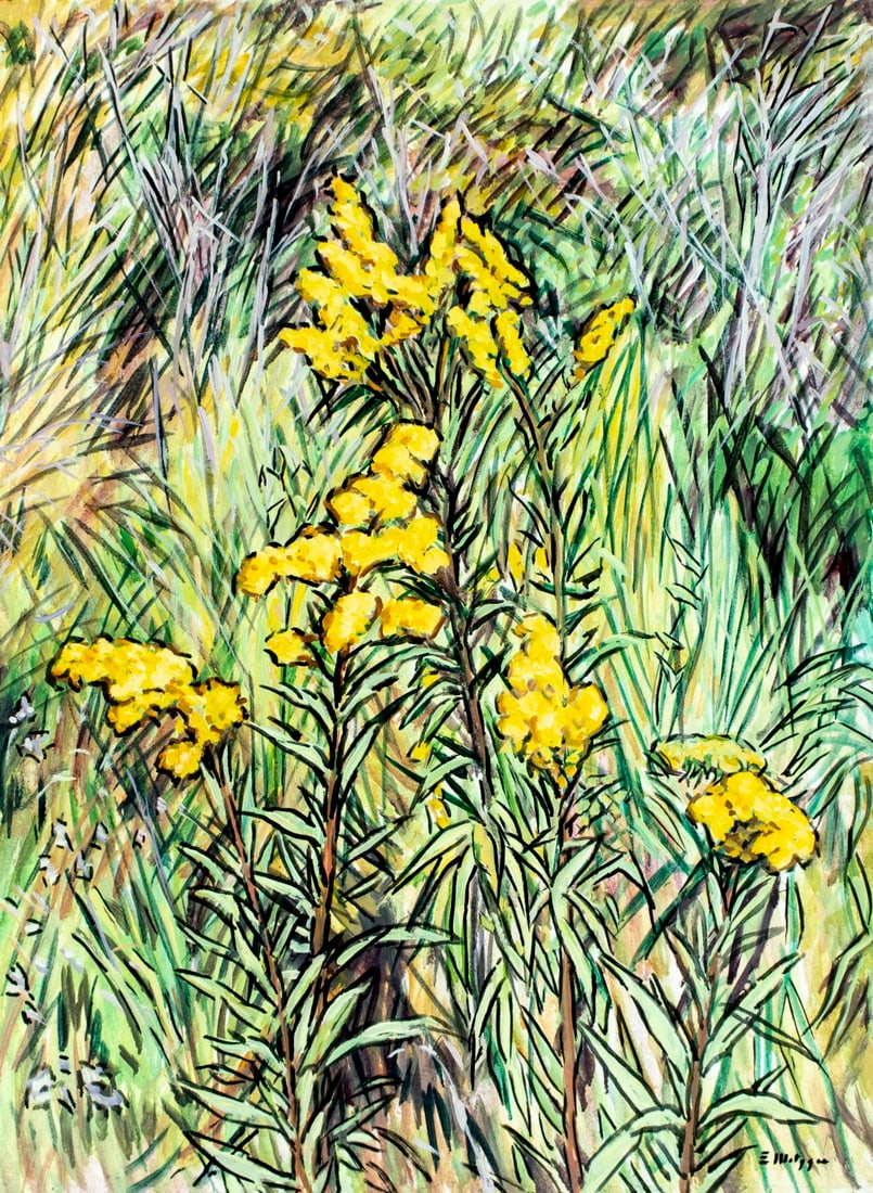Evelyn Metzger (NY,Brazil,1911-2007) oil painting: ARTIST: Evelyn Borchard Metzger (New York, Brazilian, 1911 - 2007) TITLE: Landscape with Flowers MEDIUM: oil on board CONDITION: Minor damages to corners. No visible inpai