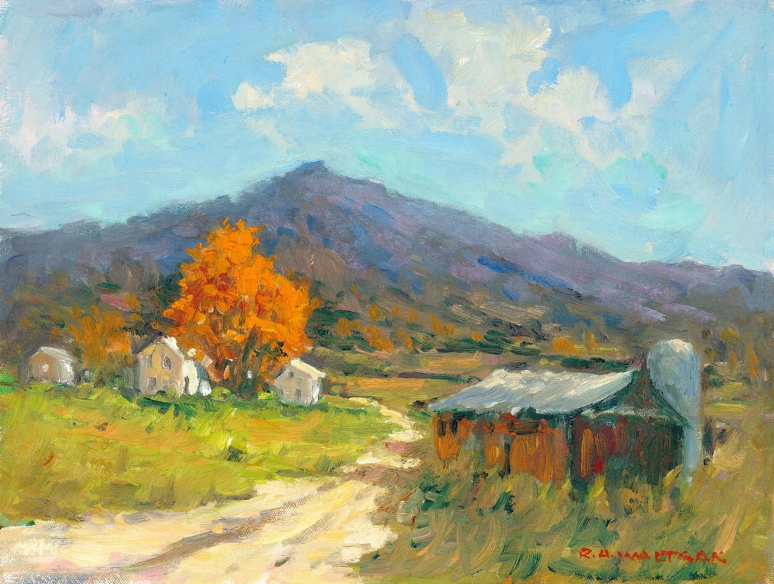 Robert Waltsak (NJ,b 1944) oil painting: ARTIST: Robert Alan Waltsak (New Jersey, born 1944) TITLE: Mountain Landscape with Houses MEDIUM: oil on canvas. Canvas applied to board. CONDITION: Very good. No visible in