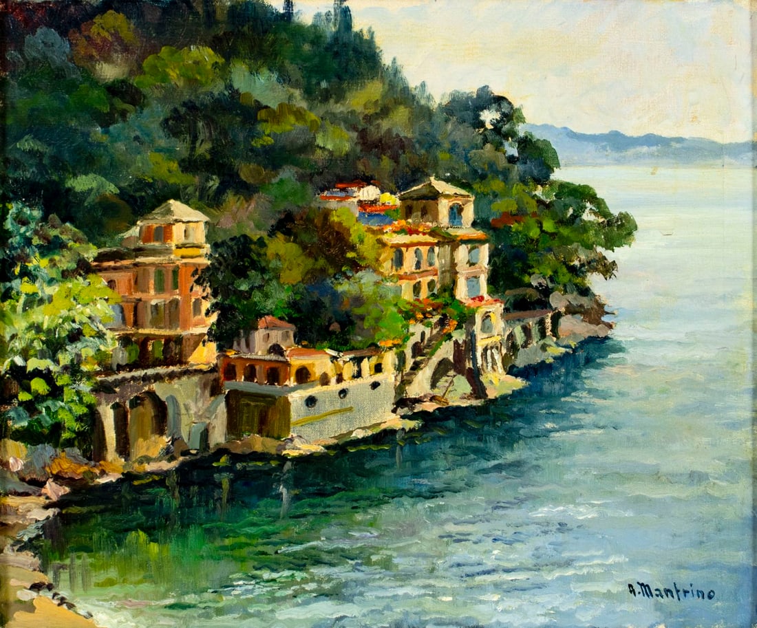 A Manfrino (Italy,20C) oil painting: ARTIST: A Manfrino (Italian, 20 century) TITLE: Portofino Landscape, Italy (titled on verso) YEAR: 1984 MEDIUM: oil on canvas CONDITION: One minor scratc