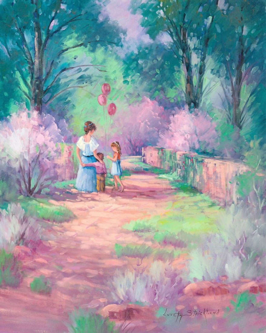 Loveta Strickland (TX,1924-2025) oil painting: ARTIST: Loveta Deason Strickland (Texas, 1924 - 2025) TITLE: Park Landscape with Mother and Children MEDIUM: oil on canvas CONDITION: Unstretched (In-House stretching avai