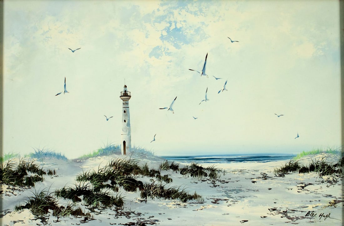 Alex Hugh (US,20C) oil painting: ARTIST: Alex Hugh (American, 20 century) TITLE: Coastal Landscape with Lighthouse MEDIUM: oil on canvas CONDITION: Some craquelure. No visible inpaint under UV light. Normal