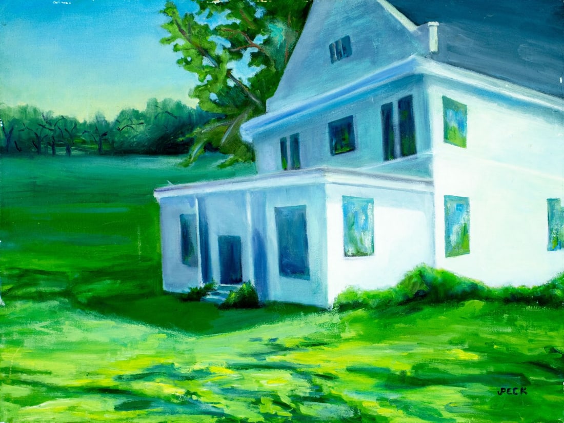 Judith Peck (NY,DC,b 1957) oil painting: ARTIST: Judith Peck (New York, District of Columbia, born 1957) TITLE: Landscape with Cottage MEDIUM: oil on canvas CONDITION: Few minor scratches/paint losses mostly along