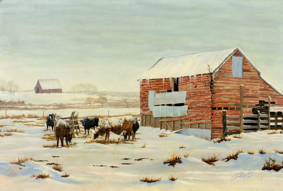 D Vaughan (US,20C) oil painting: ARTIST: D Vaughan (American, 20 century) TITLE: Winter Country Landscape YEAR: 1982 MEDIUM: oil on board CONDITION: Some damages to edges and corners. Fe