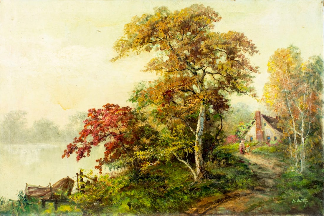 H King (Europe,mid 20C) oil painting: ARTIST: H King (European, mid 20 century) TITLE: Autumn Lake Landscape with House MEDIUM: oil on canvas CONDITION: Few nail holes along edges. Some small paint losses. No vi
