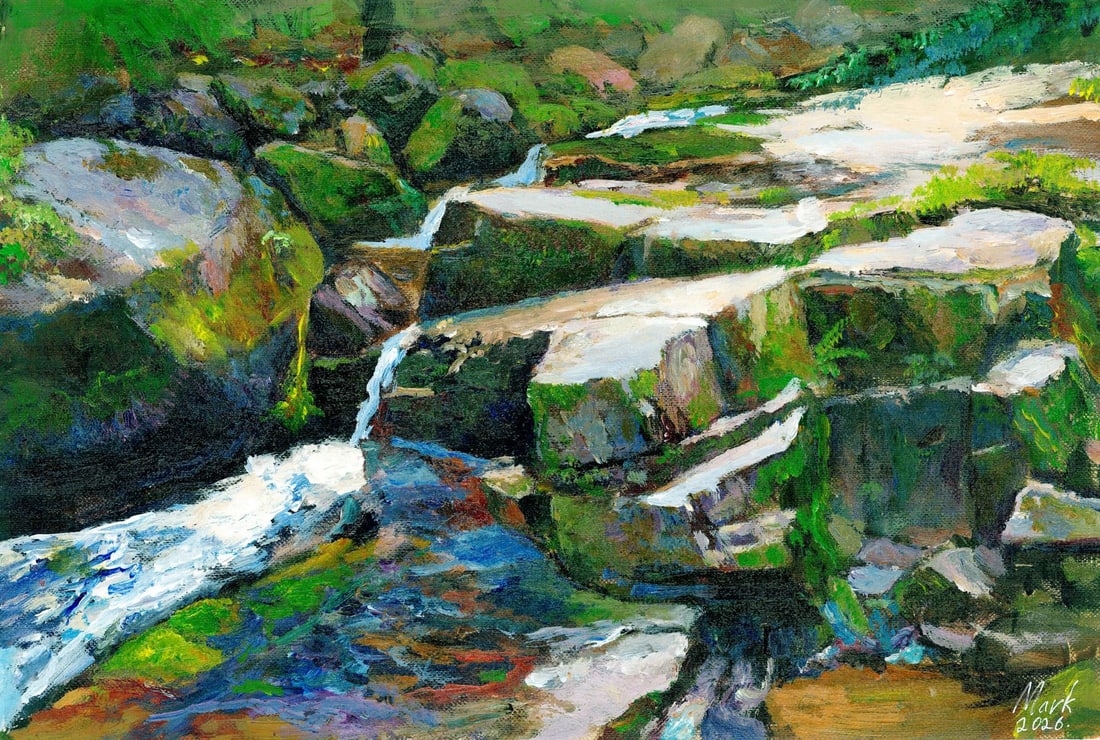 Mark Zybkin (Ukraine,20/21C) oil painting: ARTIST: Mark Zybkin (Ukrainian, 20/21 centuries) TITLE: Rocky Stream Landscape MEDIUM: oil on heavy paper CONDITION: Very good. No visible inpaint under UV light.