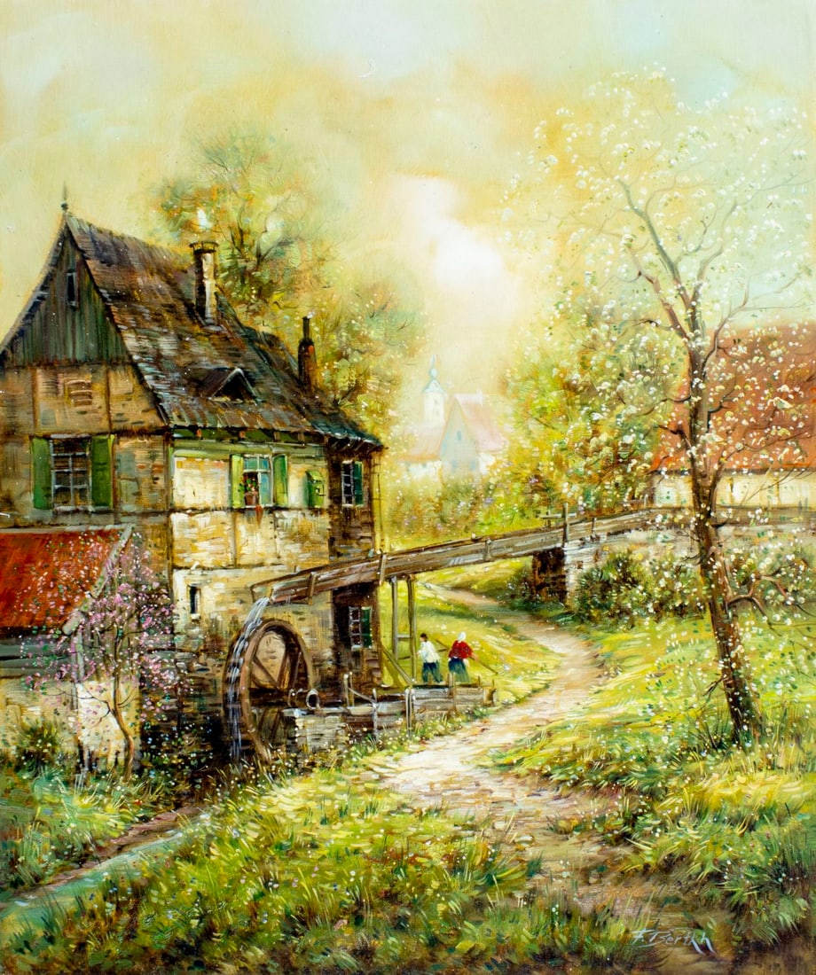 F Berthy (Europe,20C) oil painting: ARTIST: F Berthy (European, 20 century) TITLE: Village Scene MEDIUM: oil on canvas CONDITION: Unstretched (In-House stretching available) (In-House stretching available). Mi