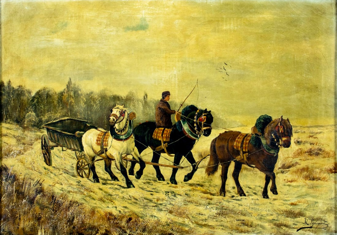 R Goumois (France,early 20C) oil painting antique: ARTIST: R Goumois (French, early 20 century) TITLE: Winter Landscape with Horse Wagon MEDIUM: oil on canvas CONDITION: Few nail holes along edges. Few small scratches/paint