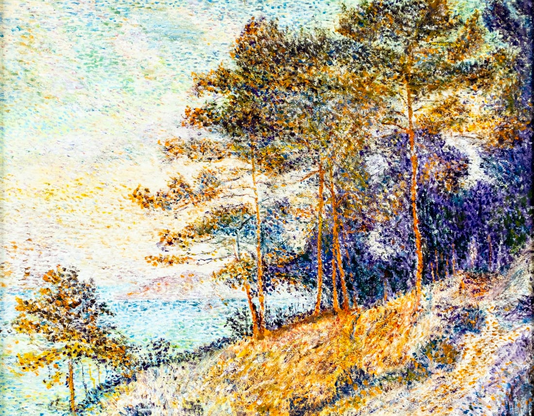 Vintage 20C American oil painting: ARTIST: - (American, 20 century) TITLE: Coastal Landscape MEDIUM: oil on canvas CONDITION: Overall good. No visible inpaint under UV light. Wear to frame. ART S