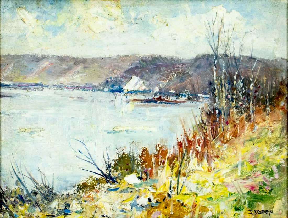 Ira Deen (PA,1874-1952) oil painting: ARTIST: Ira J Deen (Pennsylvania, 1874 - 1952) TITLE: Autumn Coastal Landscape MEDIUM: oil on board CONDITION: Overall good. No visible inpaint under UV light. Wear to fra