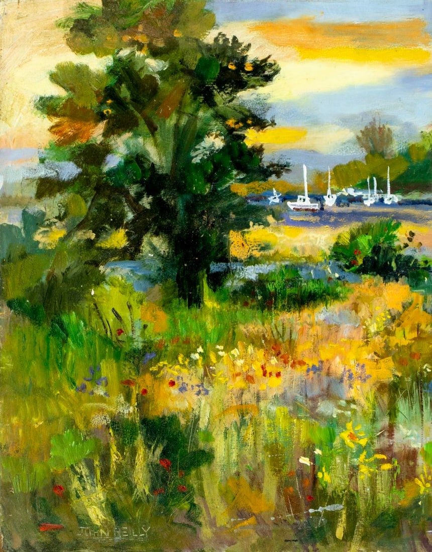 John Reilly (NY,NJ,1942-2021) oil painting: ARTIST: John Reilly (New York, New Jersey, 1942 - 2021) TITLE: Coastal Landscape with Boats MEDIUM: oil on board CONDITION: No visible inpaint under UV light. Normal wear