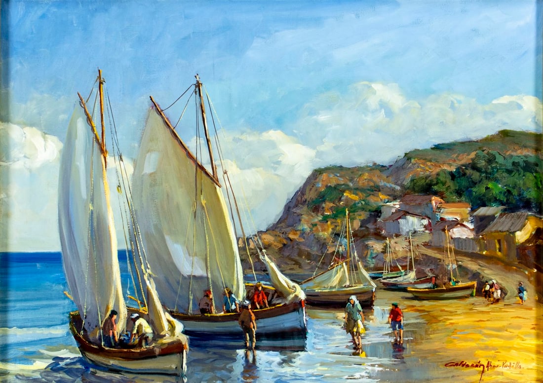 Calderon Padilla (South America,20C) oil painting antique: ARTIST: Calderon Padilla (South American, 20 century) TITLE: Coastal Landscape with Fishing Boats MEDIUM: oil on canvas CONDITION: Overall good. No visible inpaint under UV
