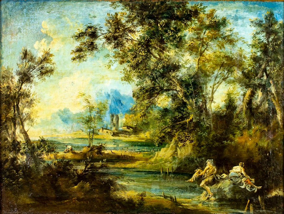 Antique early 20C Italian oil painting: ARTIST: - (Italy, early 20 century) TITLE: Forest River Landscape with Figures MEDIUM: oil on canvas CONDITION: Some scratches/paint losses mostly by the edges. Some craquel