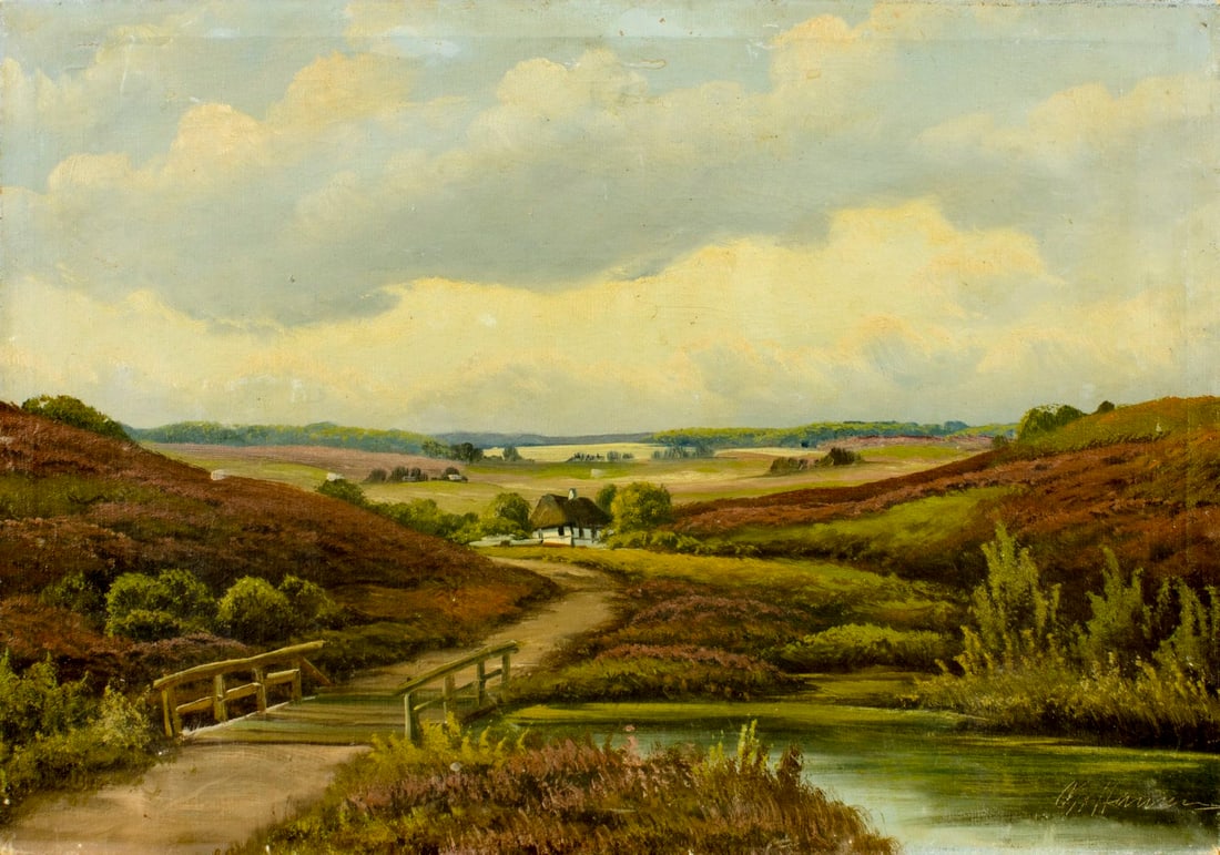 Antique early 20C American oil painting signed: ARTIST: - (American, early 20 century) TITLE: Countryside Landscape MEDIUM: oil on canvas CONDITION: Two small patches. Some damages to lower corners of canvas. Small scra