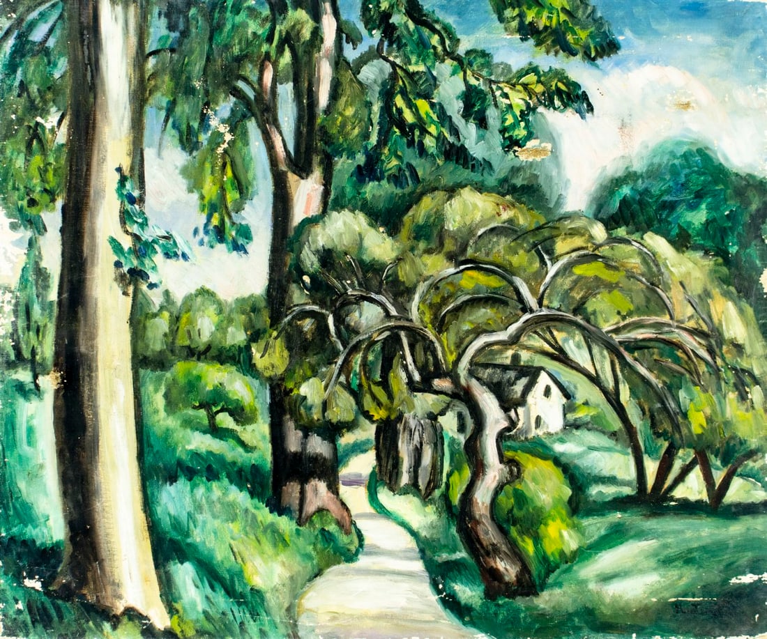 Vintage mid 20C American oil painting signed: ARTIST: - (American, mid 20 century) TITLE: Countryside Landscape with House MEDIUM: oil on canvas CONDITION: Three small patches. Some damages to the corners of canvas. S