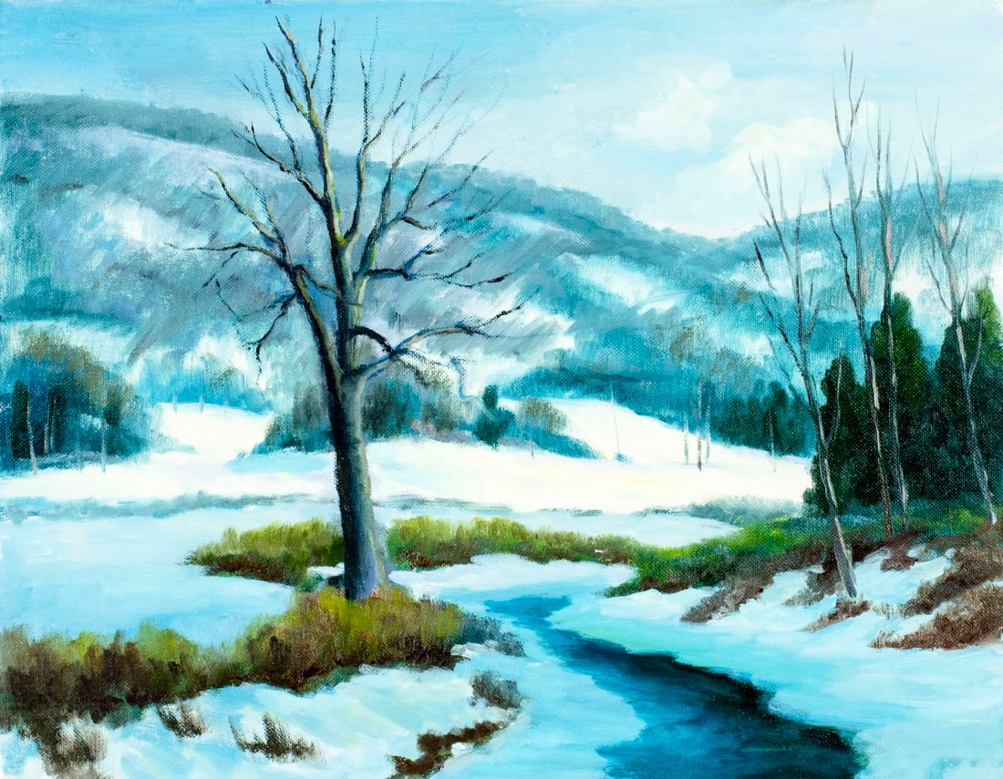 George Holloway (NJ,20C) oil painting: ARTIST: George Holloway (New Jersey, 20 century) TITLE: Winter Stream Landscape MEDIUM: oil on canvas board CONDITION: Very good. No visible inpaint under UV light.