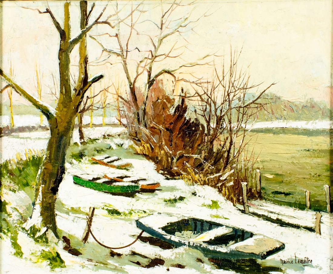 Maurice Lemaitre (France,1929-2018) oil painting: ARTIST: Maurice Lemaitre (French, 1929 - 2018) TITLE: Winter River Landscape with Boats MEDIUM: oil on canvas CONDITION: Missing a few flakes of paint. Some craquelure. No v