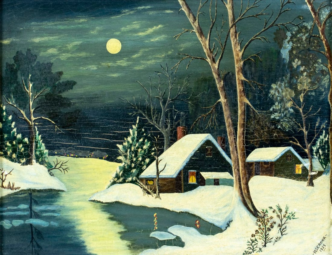 H S Cronk (US,early 20C) oil painting antique: ARTIST: H S Cronk (American, early 20 century) TITLE: Moonlit Village Landscape YEAR: 1937 MEDIUM: oil on canvas board CONDITION: Some small paint losses