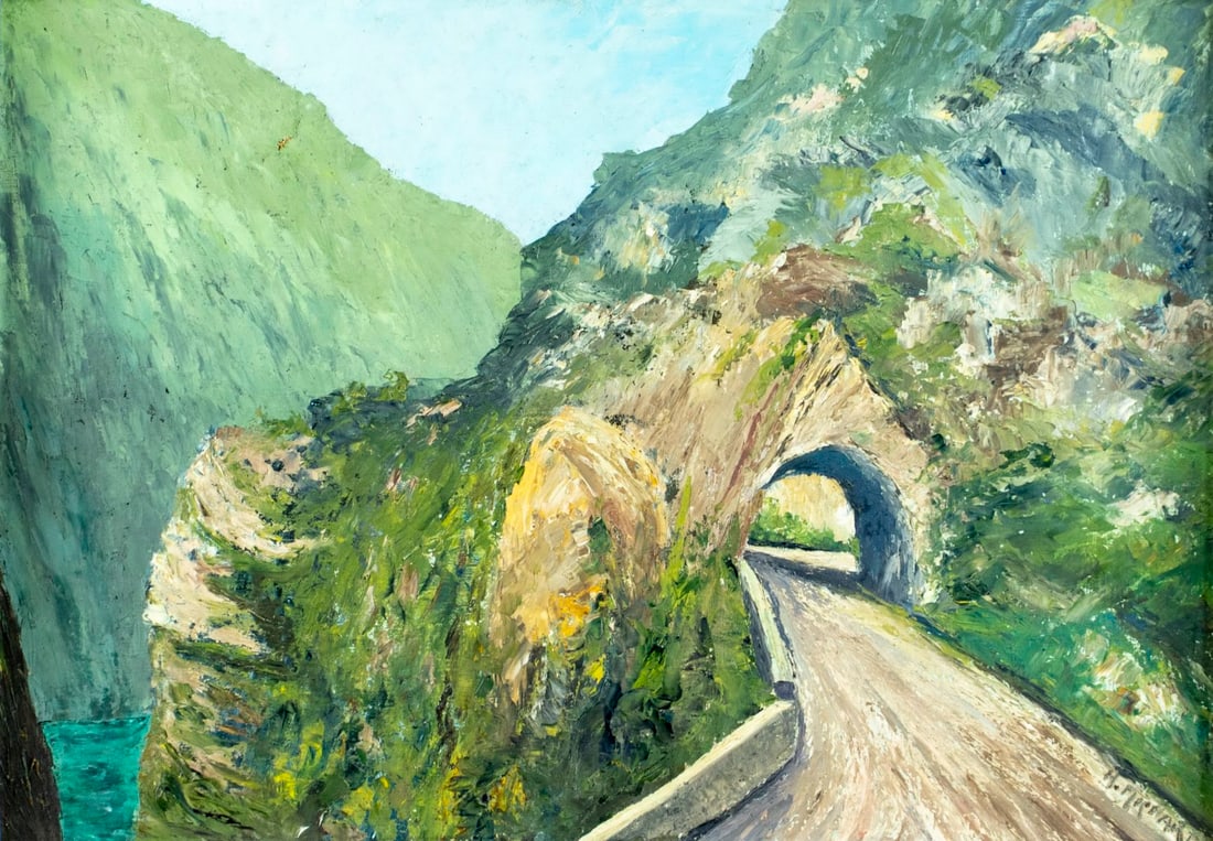 H Michard (France,early 20C) oil painting antique: ARTIST: H Michard (French, early 20 century) TITLE: Landscape - Route de Seyssel a Rumilly, France MEDIUM: oil on canvas CONDITION: One patch. Some paint losses. Minor craqu